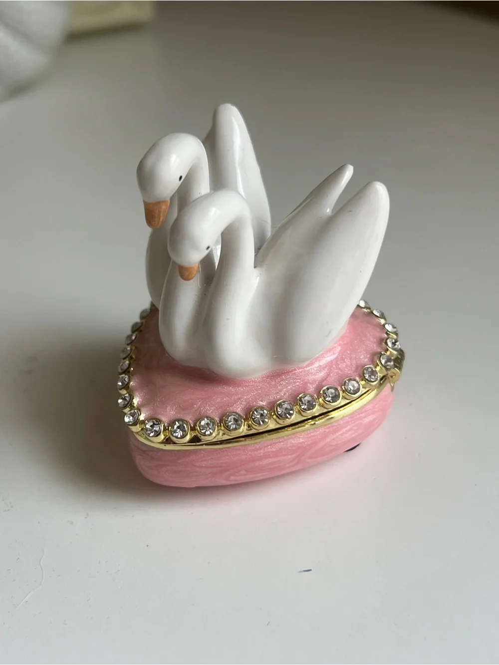 Porcelain Swan Trinket Box in Pink with Rhinestones